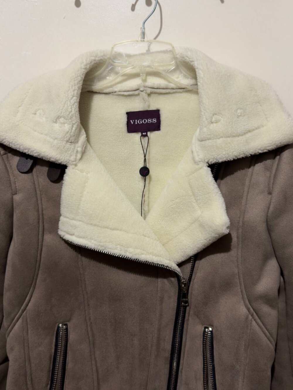 Vigoss Faux Suede Shearling Moto Aviator Jacket Taupe Medium Cozy - Picture 2 of 16